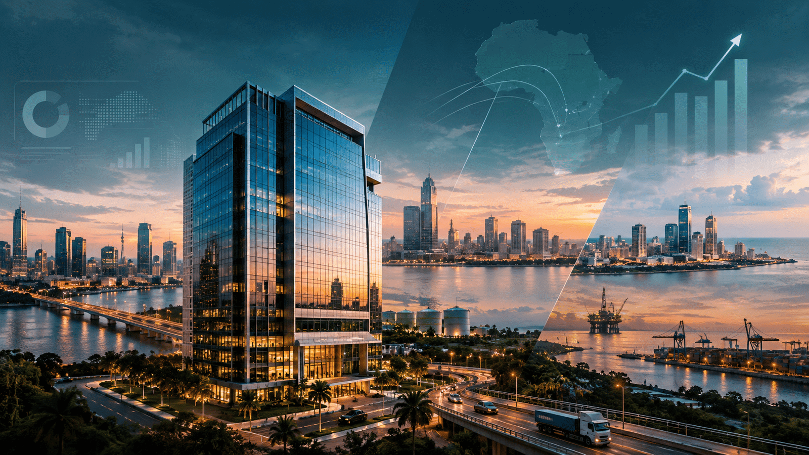 Illustrative African city skylines and financial growth graphics accompanying coverage of Uganda's interest-rate decision